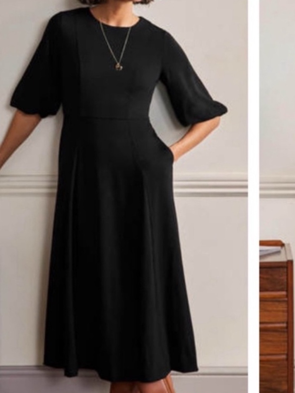 Boden Women 2R Black Pockets Jersey Ponte Balloon Sleeve Fit & Flare Midi Dress